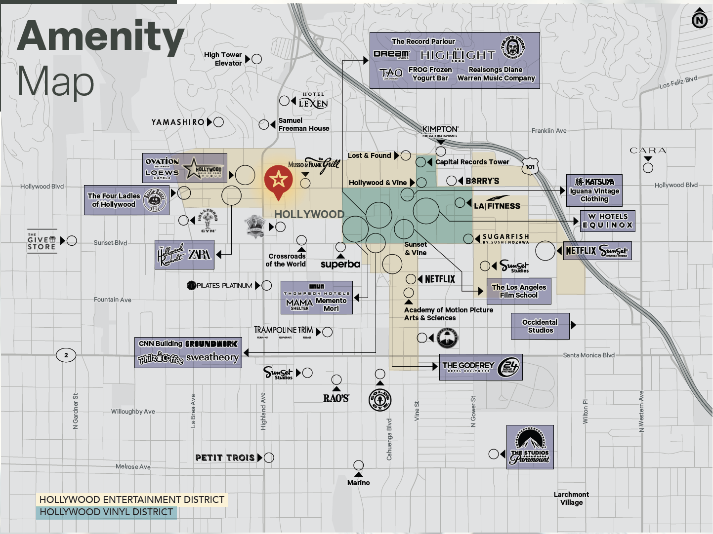 Amenity map of Hollywood centered on 6735 Selma Avenue, marked with a star near Sunset Boulevard and Vine Street. Nearby labels include Netflix, Sunset Studios, Paramount, the Capitol Records Tower, the LA Film School, the Academy of Motion Picture Arts & Sciences, hotels, gyms and restaurants, with the Hollywood Entertainment District and Hollywood Vinyl District shaded.