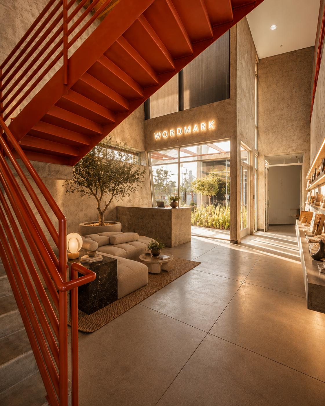 Concept rendering — a brand's illuminated wordmark above the Selma House lobby reception, with the signature red stair and a lounge