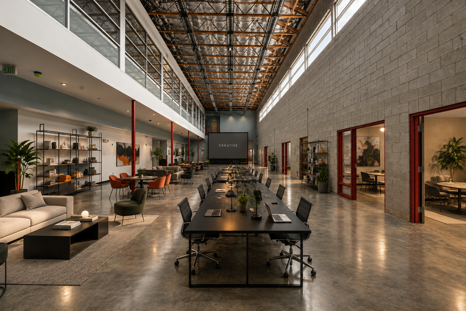 Concept rendering — a brand's open creative floor and screening area, with a long communal worktable, lounge seating, and a large projection screen