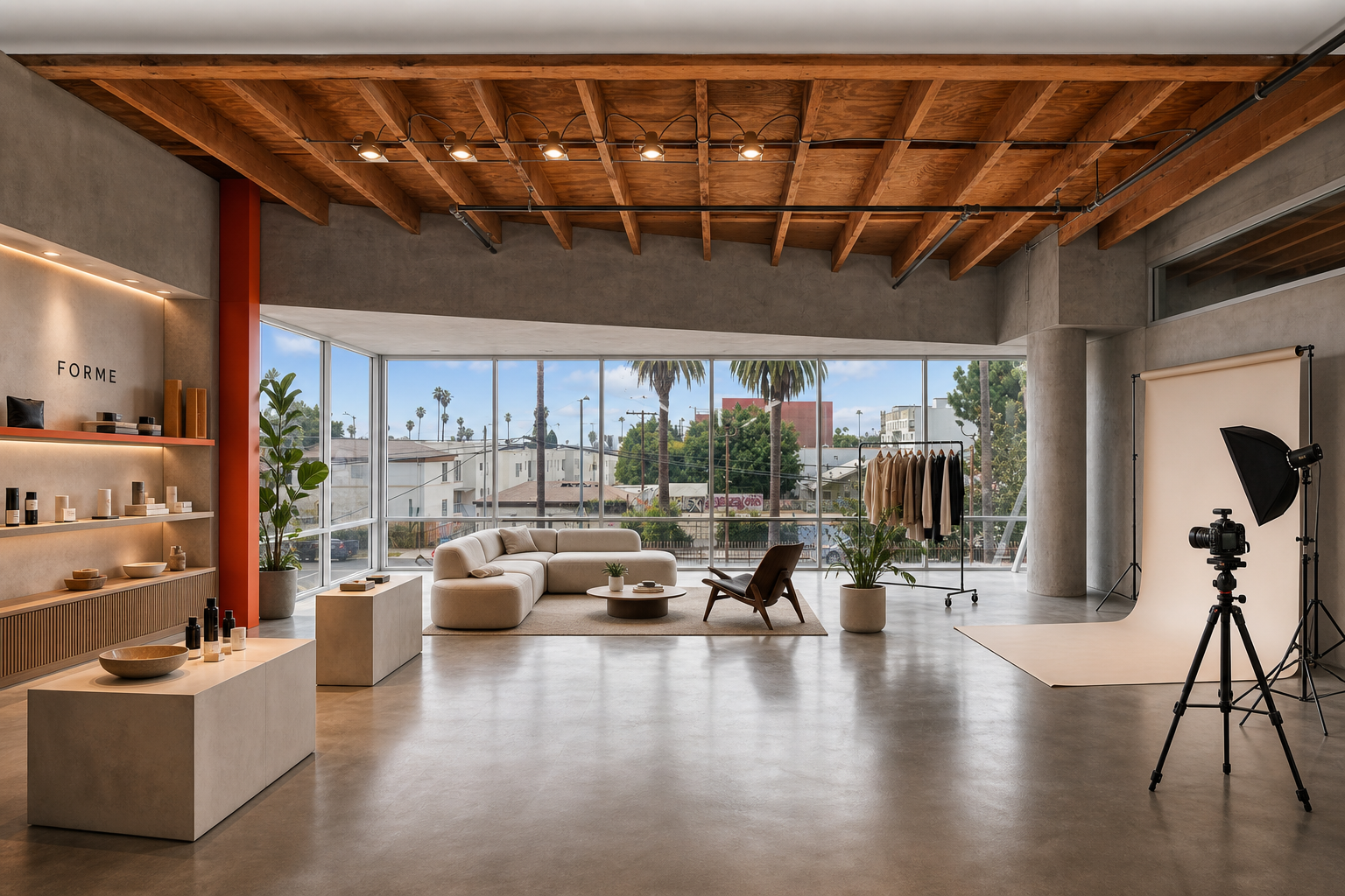Concept rendering — a brand showroom and content studio under the exposed wood-beam ceiling, with display shelving, a lounge, and a photo backdrop