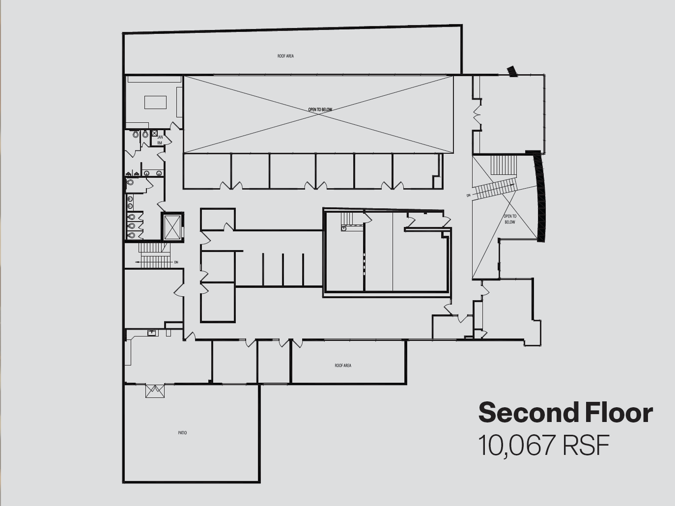 Second Floor plan — 10,067 RSF. Architectural floor plan showing private offices, the screening room and theater, restrooms and core with stair down, areas open to below, roof areas, and the outdoor event patio.